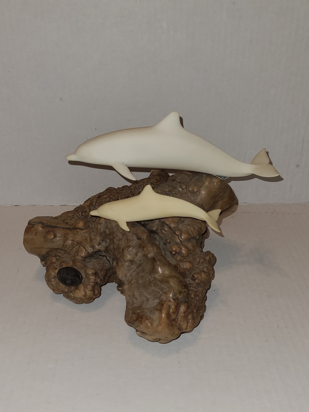JOHN PERRY Dolphin and Baby Sculpture Two Dolphins on a Burl Wood Base